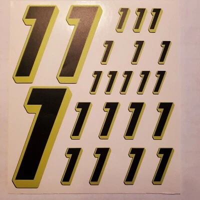 Matte Black-w/Yellow  #1's  Racing Numbers Vinyl Decal Sheet 1/10-1/12  - Image 1 of 4
