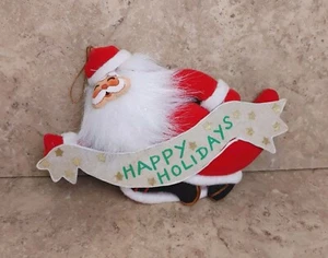 Vintage Santa Claus Ornament Velvet Fabric Holding Banner 8" Wide - Picture 1 of 21