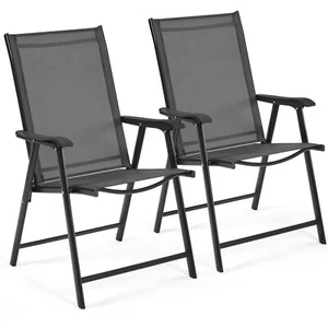 Set of 2 Lawn Outdoor Folding Chairs Yard Patio Dining Chairs Metal Frame,Black - Picture 1 of 6