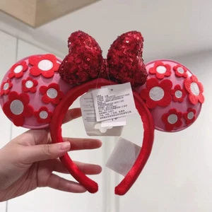 Authentic 2024 Disney Parks Red Mickey Minnie Mouse Flowers Ear Headband - Picture 1 of 3