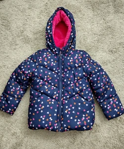 Carters Puffer Jacket Girls Sz 5/6 Navy Blue Hearts Pink Fleece Full Zip Coat - Picture 1 of 4