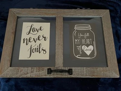Rustic Wooden & glass frame w 'Love never fails' & 'You fill my heart with love' - Image 1 of 3