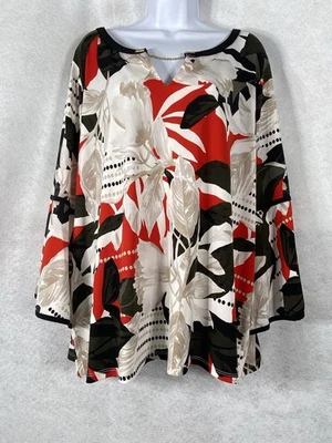 Calvin Klein Top Women’s 3X Red White Bell Sleeves Floral Stretch Round Neck EUC - image 1 of 4