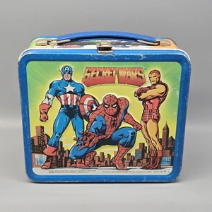 Secret Wars 1984 Aladdin Metal Lunch Box No Thermos + Garbage Pail Kids Stickers - Picture 1 of 8