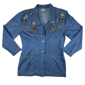 VTG Western Denim Fringe Jacket Women’s Size 12 Beaded Concho Buttons USA Made - Picture 1 of 15