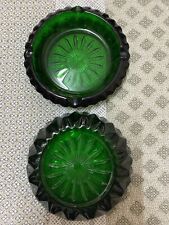 VINTAGE 2x Emerald Green Glass Ashtrays Starburst Pattern Heavy LIKE NEW