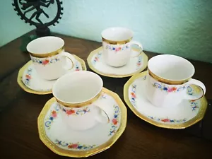 Rare 1940s Tirschenreuth Demitasse Espresso Cup Saucer Gold Rim Garland set/4 - Picture 1 of 8