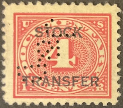 1918-22 4c Stock Transfer single, Scott #RD3, Used, VF, Perfin - Image 1 of 2