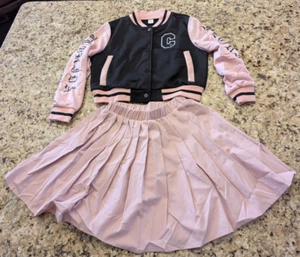 Shein Tween Girl 2pc Baseball Letter Jacket & Pleated Skirt Pink Black size 10Y - Picture 1 of 13