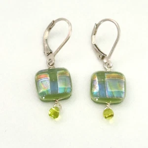 925 Sterling Silver Green Murano Dichroic Glass Leverback Pierced Drop Earrings - Picture 1 of 7