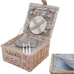 Picknickkorb-Set für 4 Personen, Kühlfach Porzellan Glas Edelstahl, beige - Bild 1 von 7