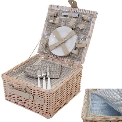 HEUTE-WOHNEN Picknickkorb-Set für 4 Personen, Kühlfach Porzellan Glas Edelstahl, beige