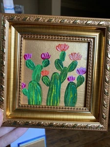 Cactus,abstract Flower,Original Acrylic Painting On Canvas Panel,4/4 Framed - Foto 1 di 9