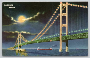 Postal Moonlight Straits of Mackinac Bridge Mackinaw City Michigan at Night - Imagen 1 de 2