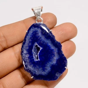 Blue Spider Web Agate Druzy Gemstone Fashion 925 Silver Pendant 2.2" ARP-6373 - Picture 1 of 3