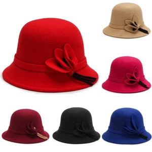 Women Vintage Floral Wool Round Fedora Bow Cloche Derb Felt Bowler Cap Hat K - Picture 1 of 17