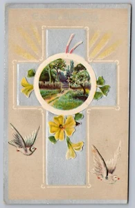 1910 Easter Silver Cross Country Path Cameo Primroses Doves Gilt Emboss PC - Picture 1 of 2