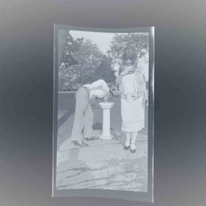 1930's Man Drinking From Fountain w Woman Model A's Background Large Negative - Picture 1 of 2