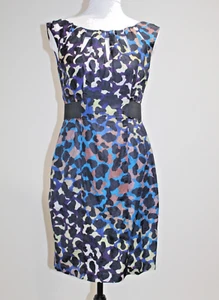 Vestido vaina Nanette Lepore para mujer leopardo 100 % seda cuello barco azul púrpura 2/4 - Imagen 1 de 7