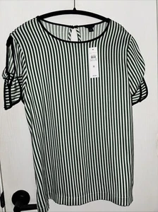 NWT Talbots Cold Shoulder Shirt Blouse Green/ Wht Stripe Tie Sleeves Poly blend - Picture 1 of 11