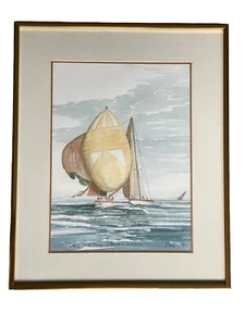 Vintage Aquarell Segel Maritim James Pruitt signierter Rahmen Verlust des Spinakers - Bild 1 von 8