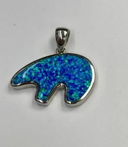 925 Sterling Silver Blue Fire Opal Inlay Bear Pendant - Picture 1 of 7
