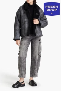 RRP€1401 SANDRO Lamb Shearling Jacket FR38 US6 UK10 M Grey Oversized - Picture 1 of 7