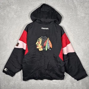 Rare Vintage Starter Chicago Blackhawks Hockey Striped Pullover Jacket 90s Black M - Bild 1 von 15
