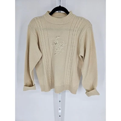 Vintage Haband Womens Sz S Mock Neck Sweater Cream Floral Embroidered - Image 1 of 4