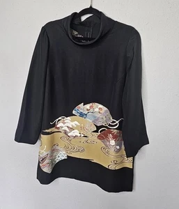Japanese Tunic Top Womens Small Kimono Black Multicolor Fan Design Cowl Neck - Picture 1 of 9