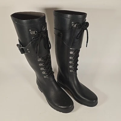 Botas UGG Madelynn Negras Lluvia con Cordones Hebilla Cuero Goma Talla 8 S/N 3456 Foto 1 de 4