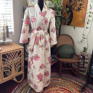 Vintage Tori Richard Ivory & Pink Floral Quilted Housecoat Duster Robe - Picture 1 of 4