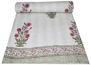 Indian handmade Cotton kantha Quilt hand Block Print King Size Bedspread Blanket - Picture 1 of 10
