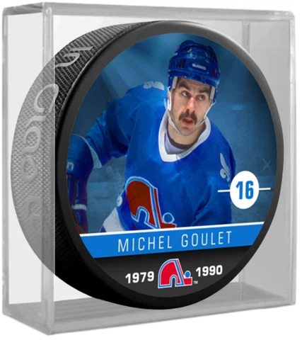 Michel Goulet Quebec Nordiques Photo Puck w/Clear Acrylic Display Cube Cover