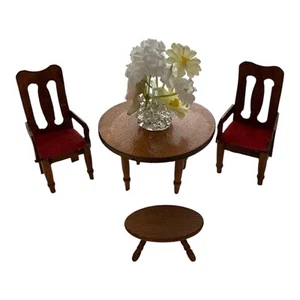 Dollhouse Wood Round Table with 2 Chairs Glass Glass Basket Plant Flowers 1:24 - Picture 1 of 19