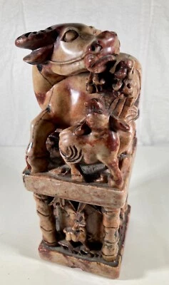 Chinese Soapstone Water Buffalo with baby Carved Guardian Statue Seal Stamp Ox - Image 1 of 4