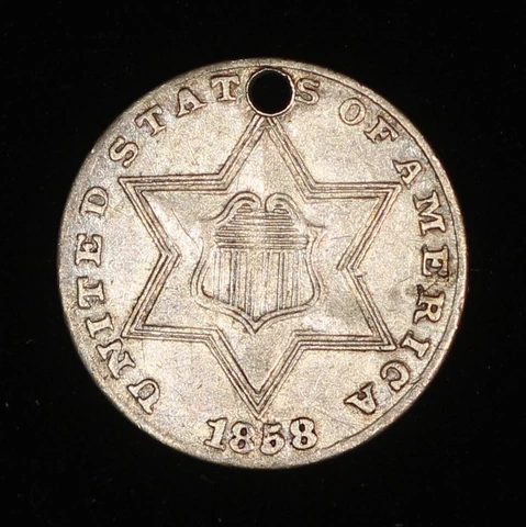 1858 3 Cent Silver - Holed - XF Details                             TQRAW1745/BN Cover