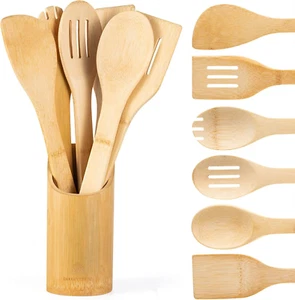 7-teiliges Bambus Kochutensilien Set mit Halter - Antihaftbeschichtete Holzlöffel - Bild 1 von 11