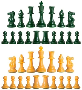 Piezas de ajedrez de peso único Staunton - Juego completo 34 verde ejército y amarillo - 4 reinas - Imagen 1 de 3