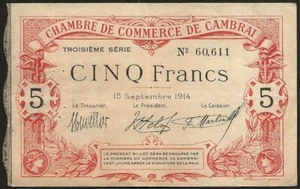 Banknote Von Not- - Cambrai (59) Herr Bilet Von 5 Franken 15-09-1914!JP.37-24 - Bild 1 von 2