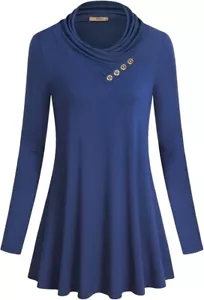 Miusey Women's Long Sleeve Cowl Neck Form Fitting Casual Tunic Top Blue Blouse - Picture 1 of 12