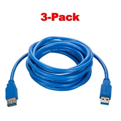 3-Pack- 10FT USB 3.0 Extension Cable AM/AF Super-Speed Data & Charging Cord Blue - Image 1 of 4