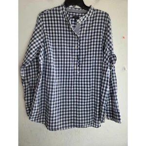 Talbots Women Bue Grey Plaid Band Collar 100% Cotton Pop Over Blouse size 1X - Picture 1 of 6
