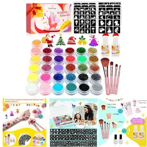 Temporäres Glitzer Tattoo Set Kinder Erwachsene 31 Farben 165 Schablonen 2 Klebepinsel - Bild 1 von 10