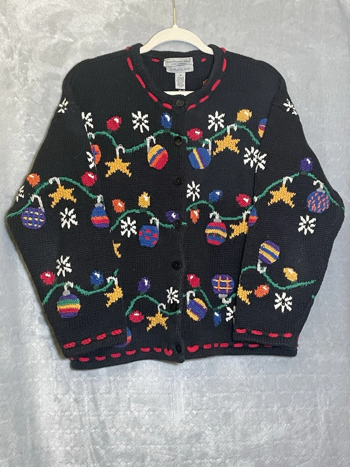 Northern Isles Hand Knit Christmas Cardigan Sweater Black Ornaments Women’s M - Image 1 of 4