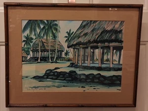 John Poynton Samoa Artist 1983 Watercolor Painting With Original Carved Frame - Picture 1 of 9