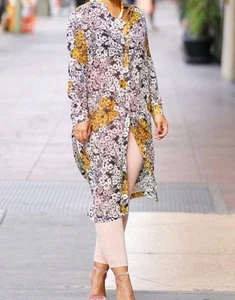 H&M Long Tunic Blouse , Black Pink Orange Floral, Button Up, Side Slits, Size 2 - Picture 1 of 13