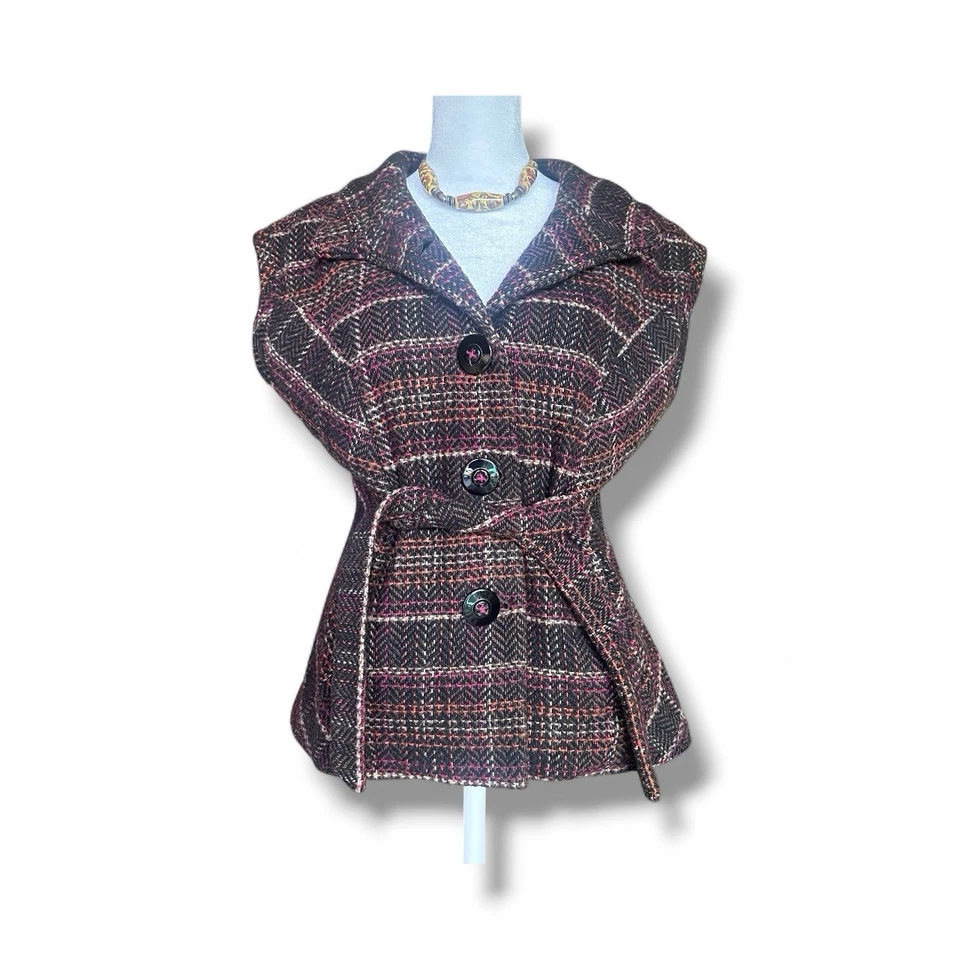 Chaqueta Chaleco Cabi Para Mujer Sin Mangas a Cuadros Mezcla Lana S Cinturón Botón Retro Foto 1 de 4