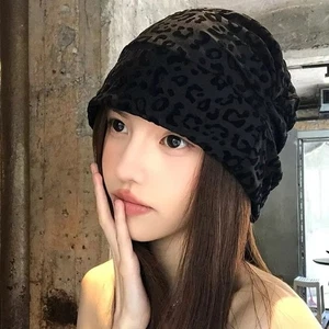 American Style Y2k Baggy Cap Stacking Leopard Beanies Cap Pullover Hats Women - Picture 1 of 14