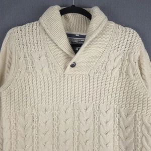 Schott Bros Wool Blend Sweater Mens Large Ivory Chunky Cable Knit Shawl Pullover - Picture 1 of 10